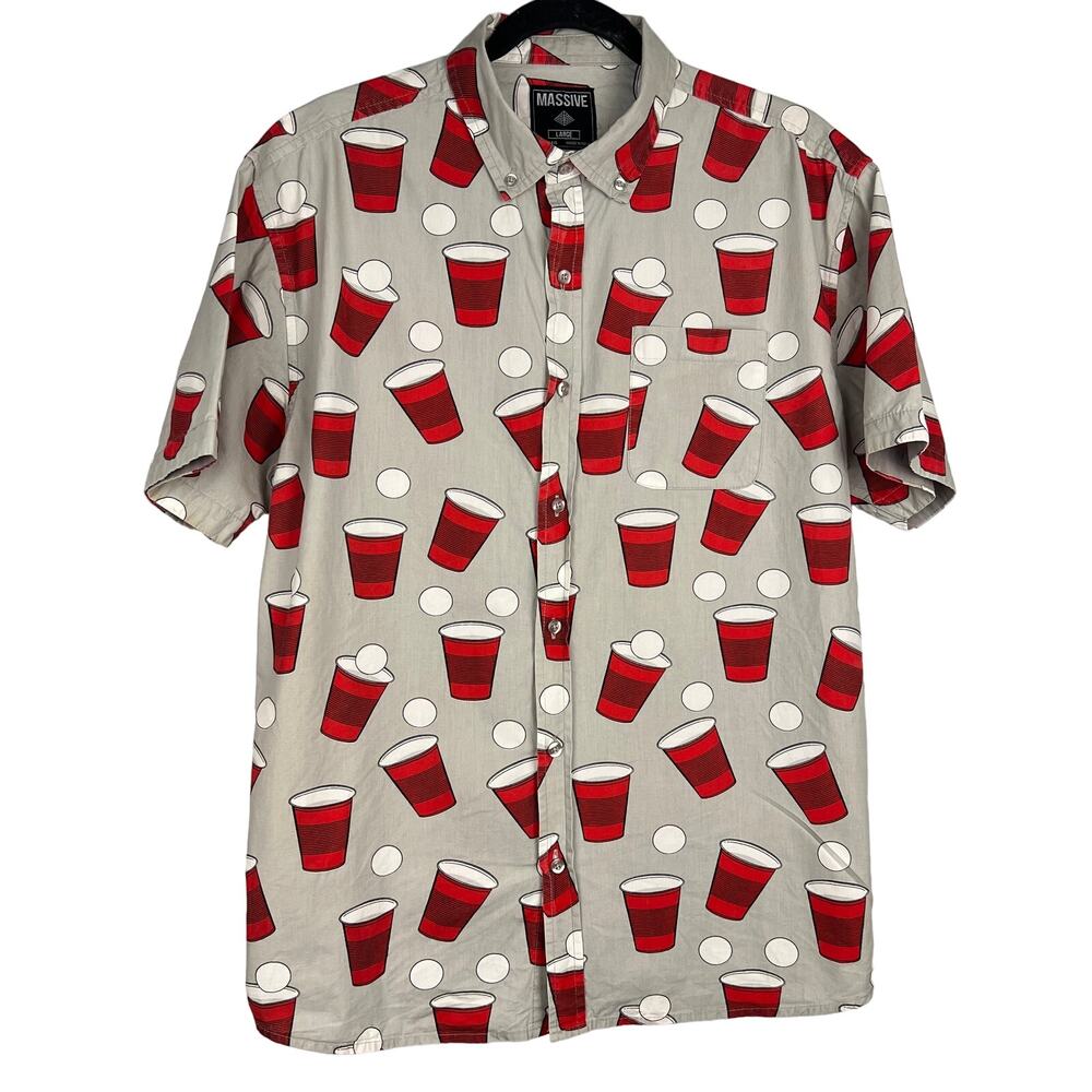MASSIVE Brand Beer Pong Men’s Cotton Button Down SS Shirt L FratParty Games Beer